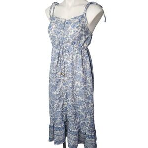 Blush Floral Toile Midi Sundress Tie Strap Button Front Cottagecore Dress